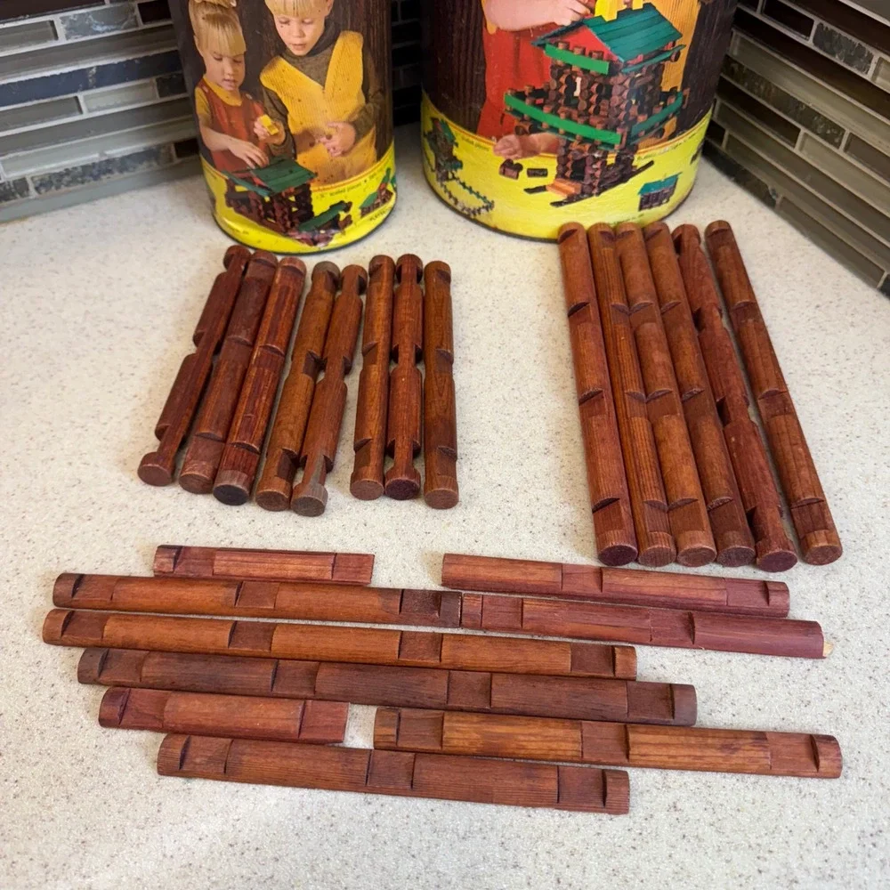 VTG Playskool Lincoln Logs Wood Building Sets No #890 & #893 w/ Canisters 300pc